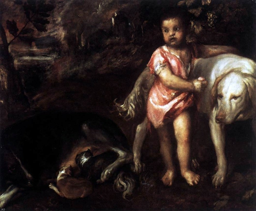 Titian Youth With Dogs, 20"x25" Wall Decal