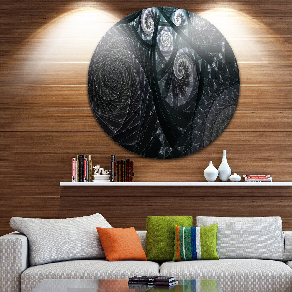 Dark Spiral Fractal Flower Digital Art, Floral Disc Metal Wall Art, 23"