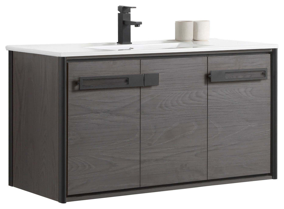 Oakville Wall Mount Bathroom Vanity, Black Coal Oak, 42", Black Hardware