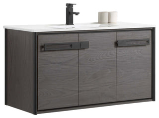 Oakville Wall Mount Bathroom Vanity, Black Coal Oak, 42", Black Hardware