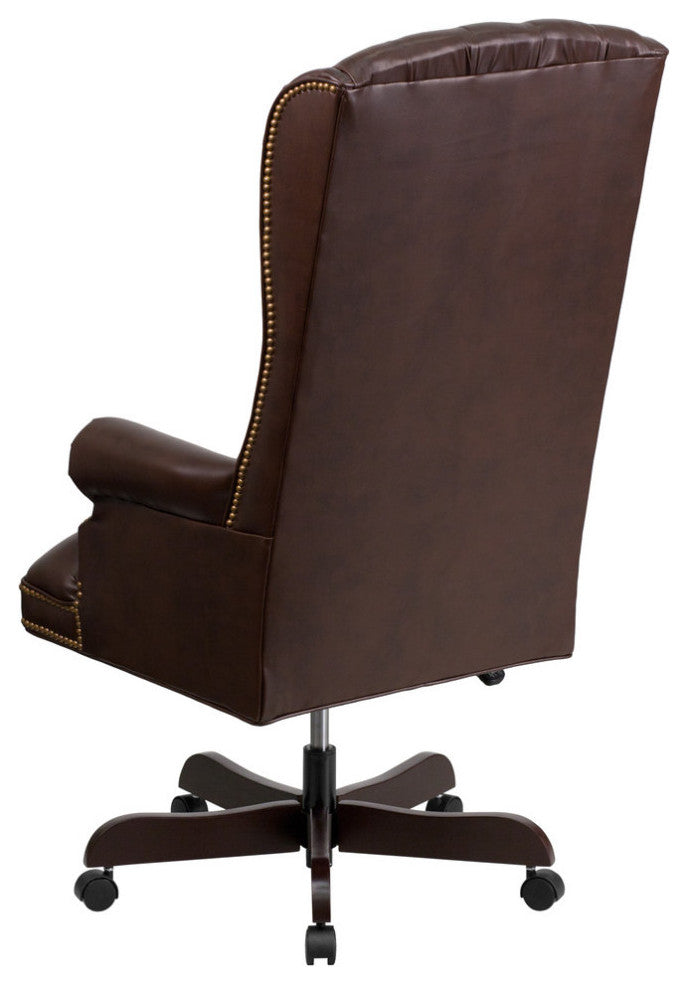 High Back Traditional Tufted Brown Leather Executive Swivel Chair With Arms