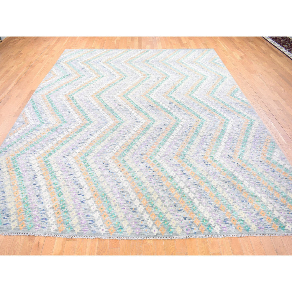Gray Afghan Kilim with Geometric Design Pure Wool Hand Knotted Rug 10'3" x 13'5"