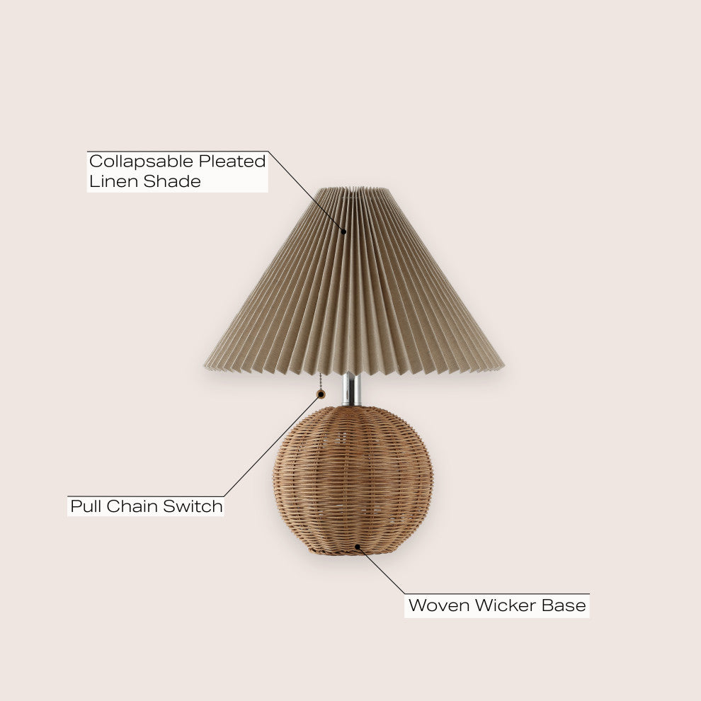 Scandinavian Rattan/Iron Sphere LED Table Lamp With Pleated Shade and Pull Chain