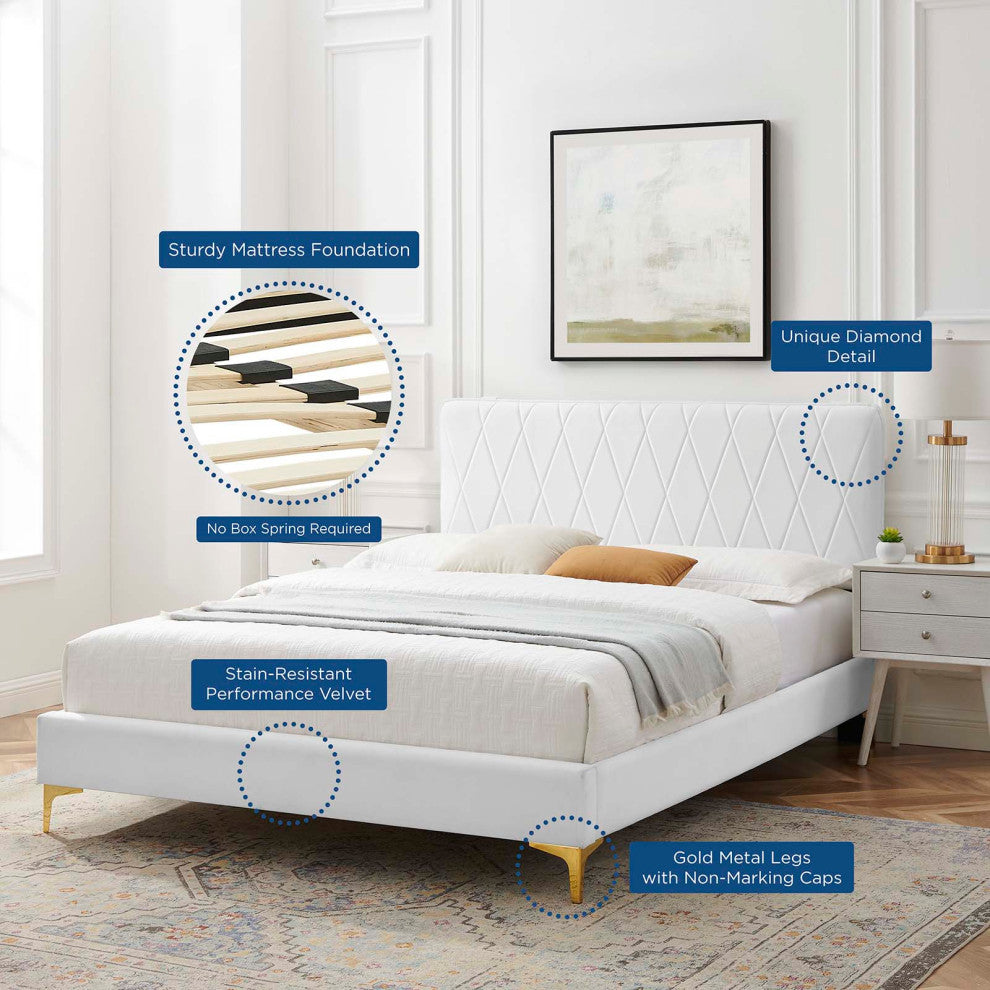 Platform Bed Frame, Queen Size, Velvet, White, Modern Contemporary, Bedroom