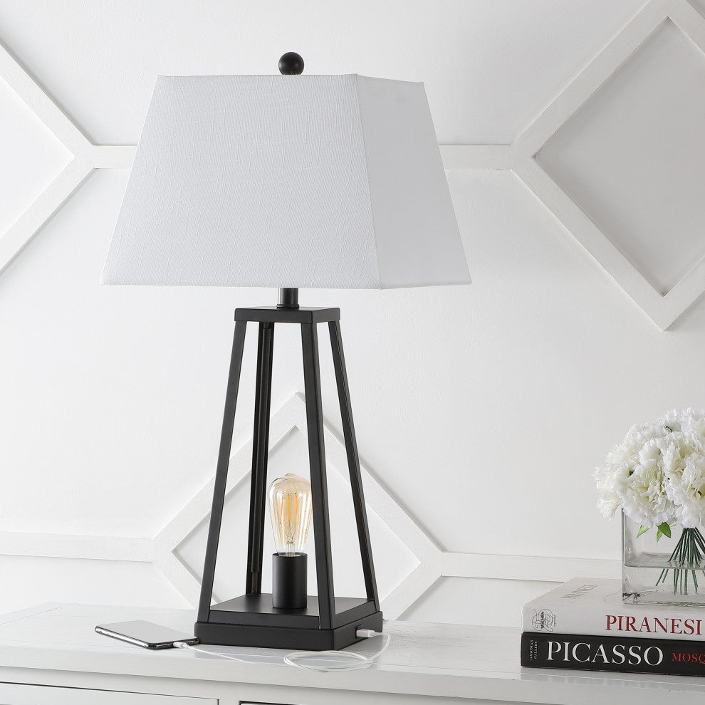 Waylon 28.5" Classic Industrial Iron Nightlight Table Lamp With USB, Black