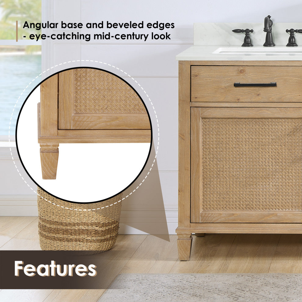 Solana Bathroom Vanity with Calacatta White Quartz Stone Countertop, Weathered Fir, 72", Without Mirror
