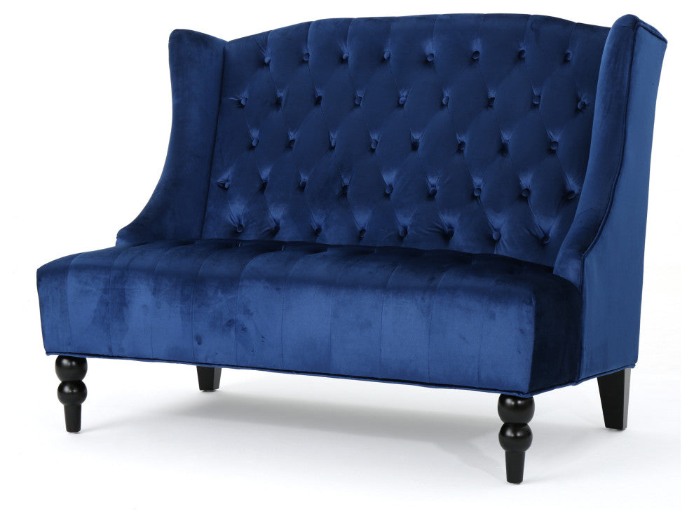 GDF Studio Leona Traditional High Back Tufted Winged Fabric Loveseat, Navy Blue