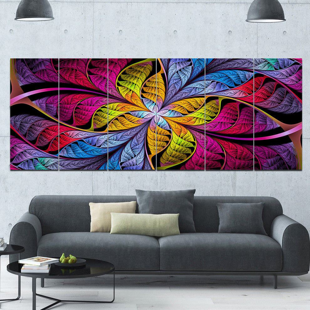 Pink Yellow Fractal Stained Glass, Abstract Canvas Art Print, 70"x28", 6 Panels