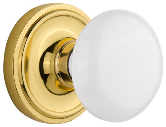 Single Classic Rosette With White Porcelain Knob, Bright Chrome, Unlacquered Bra