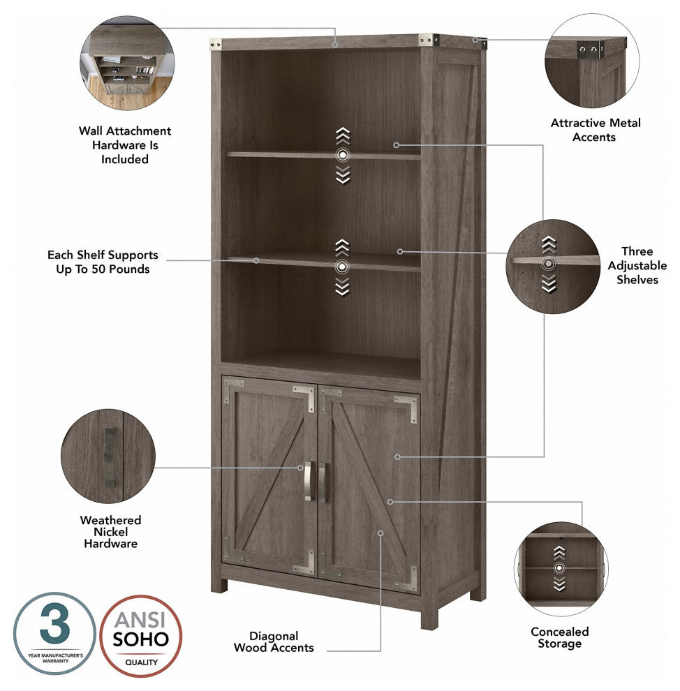 kathy ireland Home Cottage Grove Tall Bookcase With Doors, Restored Gray