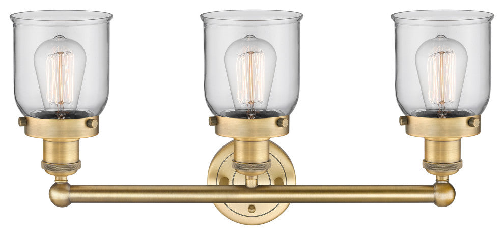 Edison Small Bell 3-Light 25" Vanity Light, Brushed Brass Finish, Clear Shade