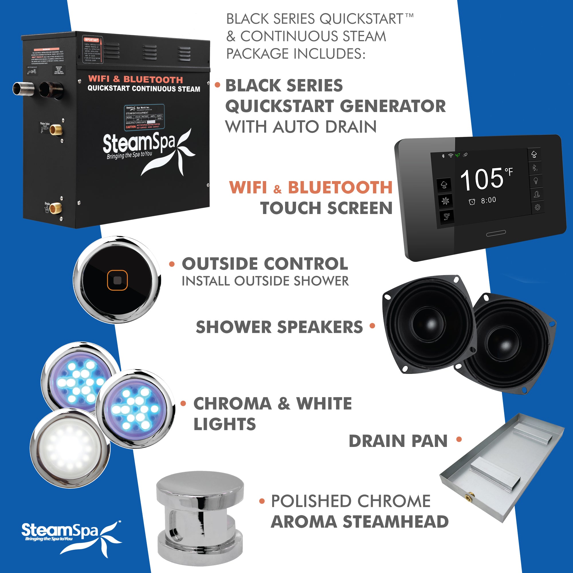 Black Series Wifi/Bluetooth 7.5kW QuickStart Steam Bath Set, Polished Chrome