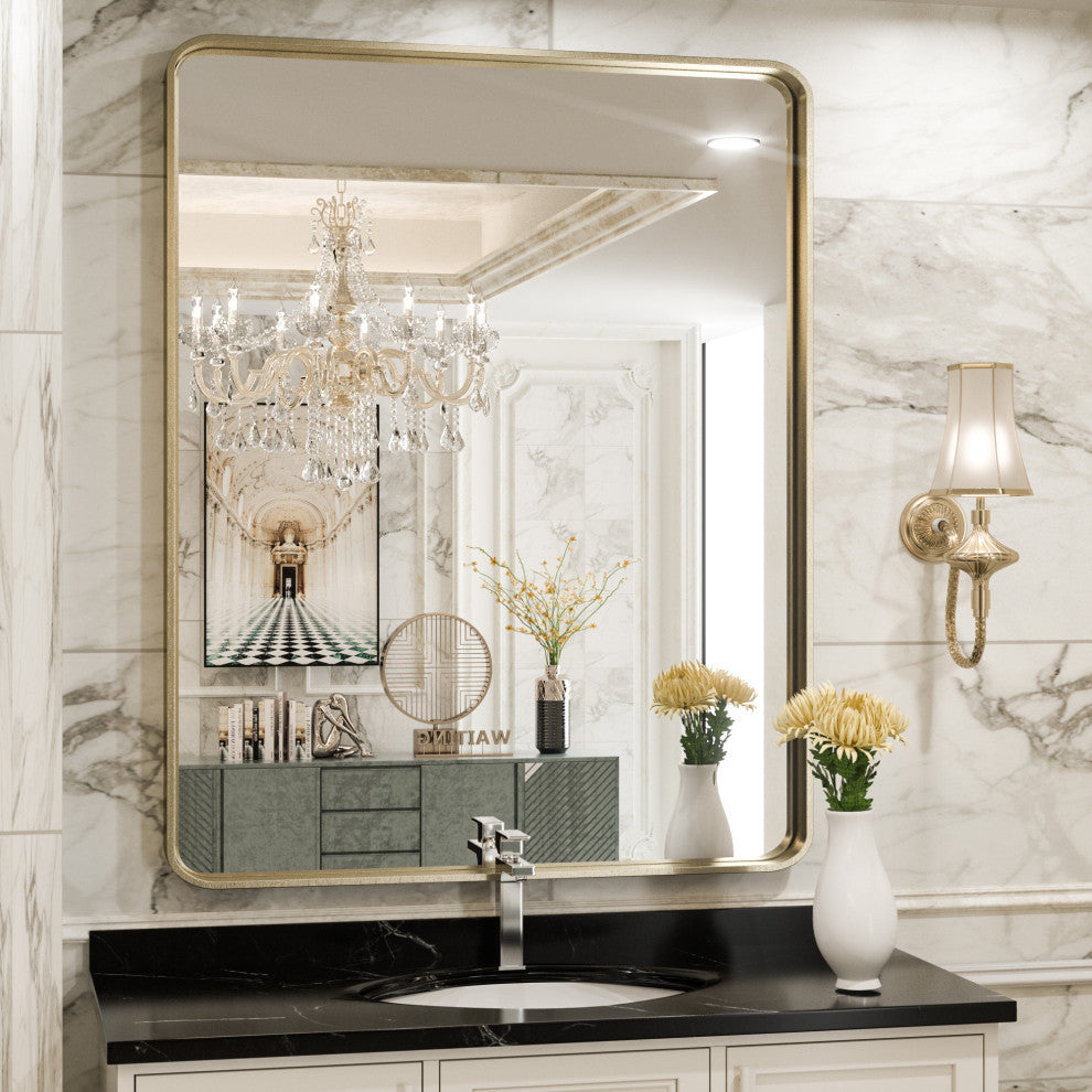 Metal Frame Decorative Rectangular Wall Mount Mirror, Gold, 30"x36"