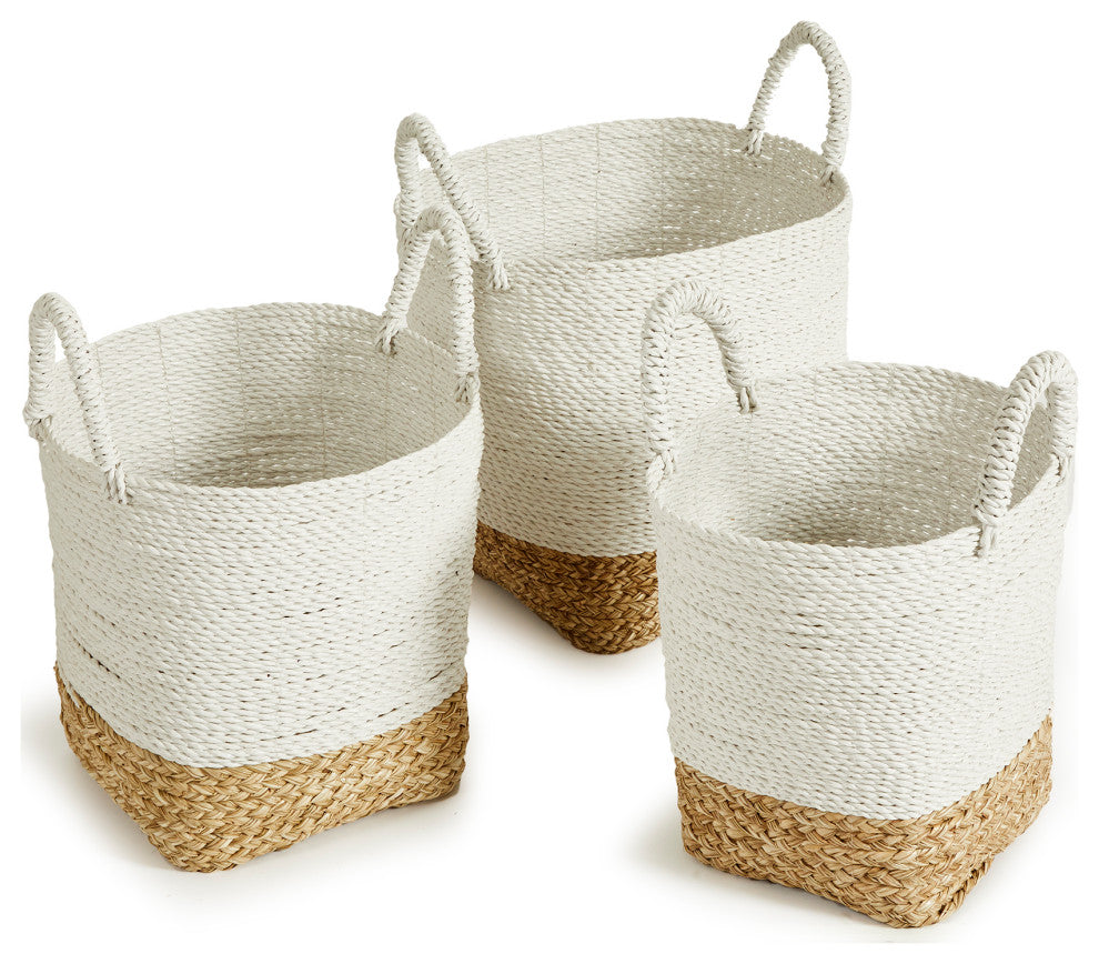 Set of 3 Contemporary Casual Natural White Round Tote Baskets Handles Large