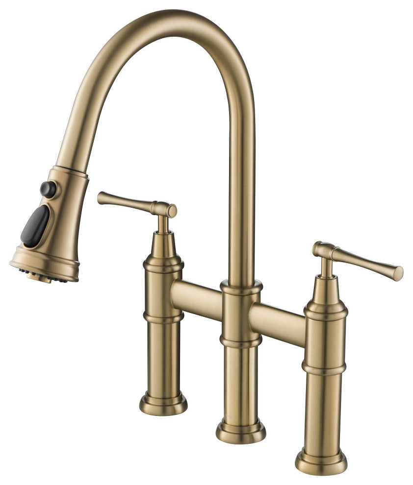 Allyn Traditional 3-Function Bridge Pull-Down Kitchen Faucet Brushed Gold