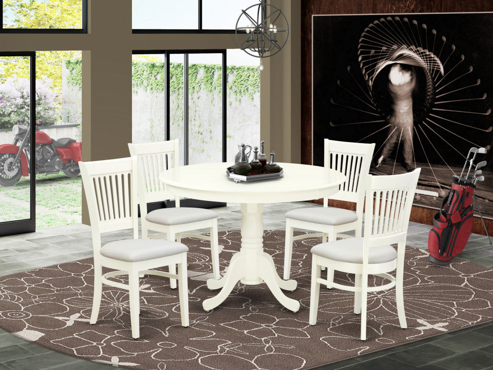 5Pc Dining Set 4 Chairs, Kitchen Table Seat, Slatted Chair Back Linen White