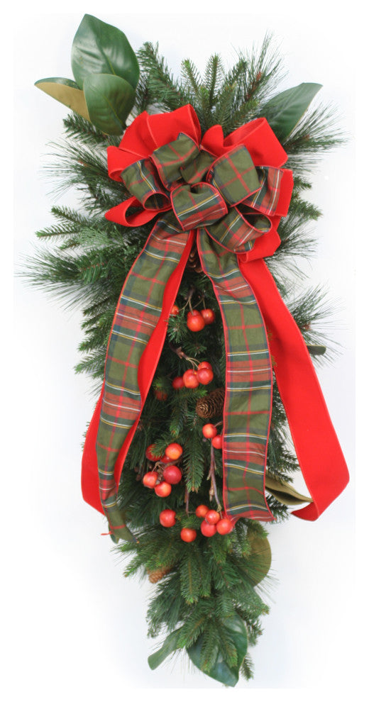 Pine Swag with Magnolia Foliage and Cherries and Christmas Plaid Ribbon
