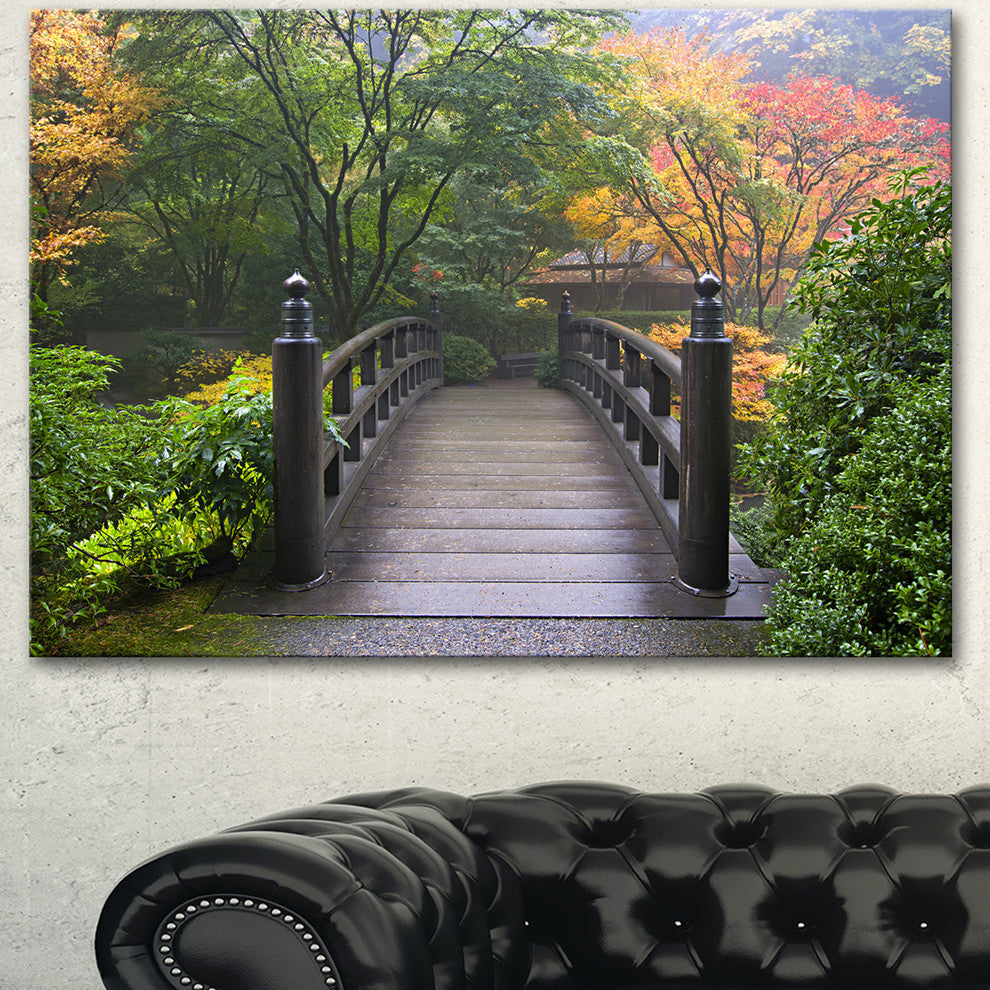 Wood Bridge at Japanese Garden In Fall, Bridge Canvas Art Print, 60"x28"