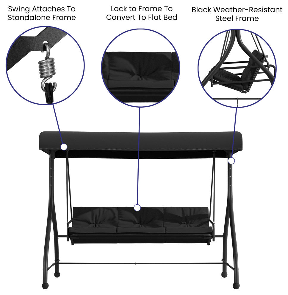 3-Seat Outdoor Steel Converting Patio Swing Canopy Hammock With Cushions, Black