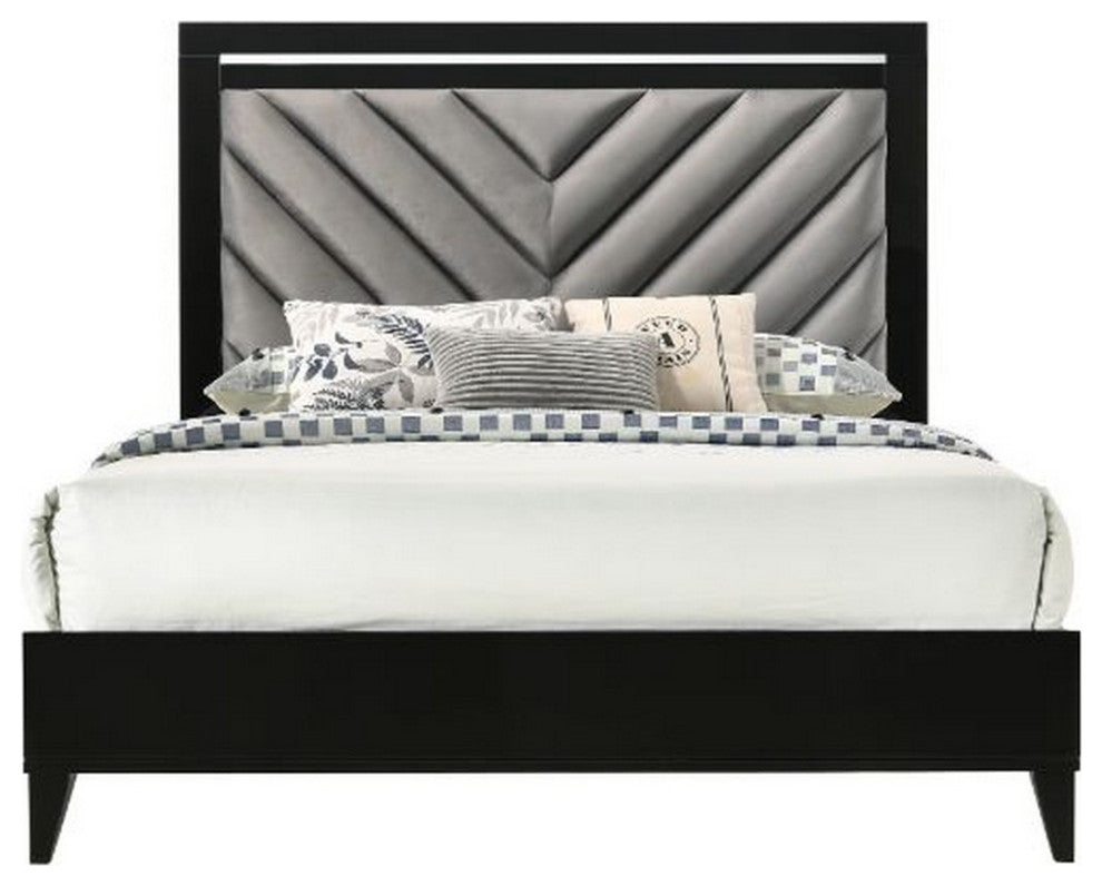 Benzara BM252724 Queen Bed With Padded Headboard and Metal Trim, Gray and Black