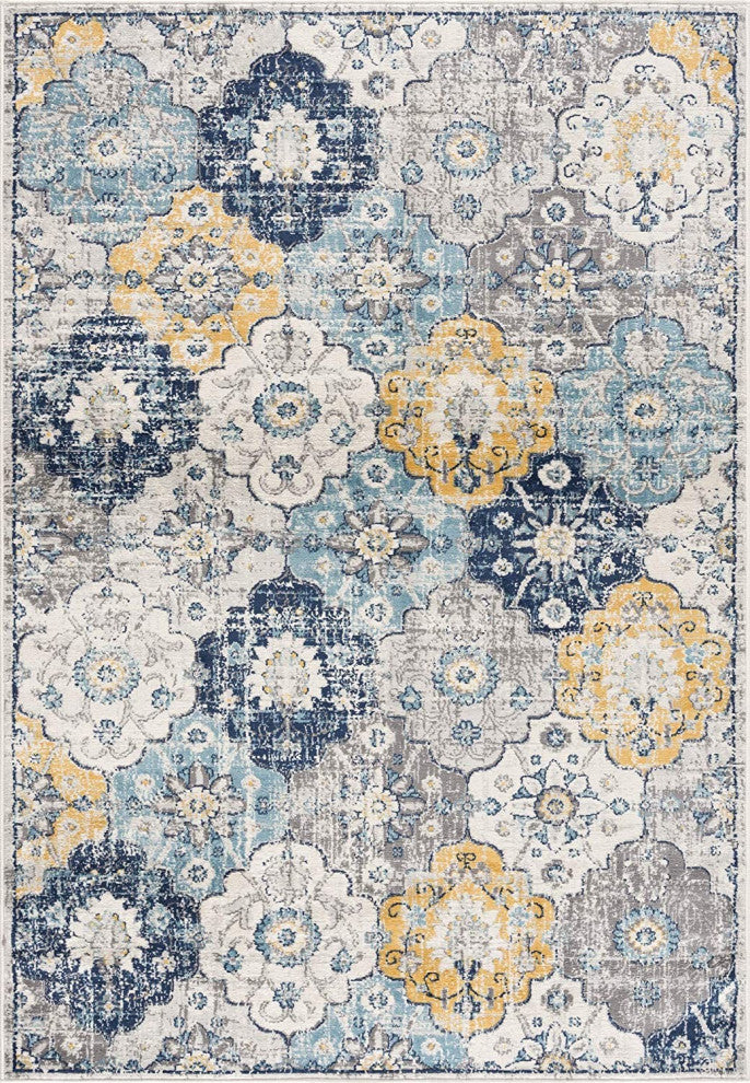 2"x20" Blue Distressed Floral Runner Rug