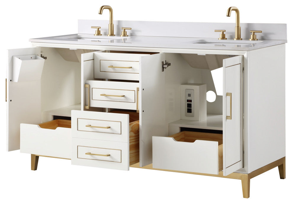 Gracie Bathroom Vanity, Satin White With White Quartz, 60"