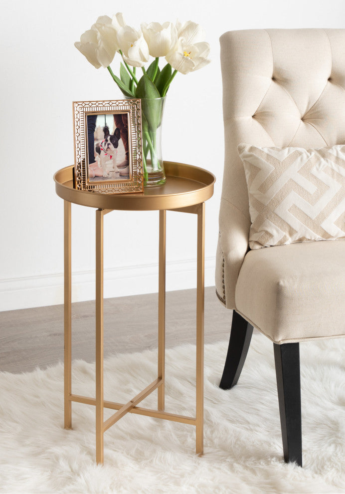 Celia Round Metal Foldable Tray Accent Table, Gold 14x14x25.75