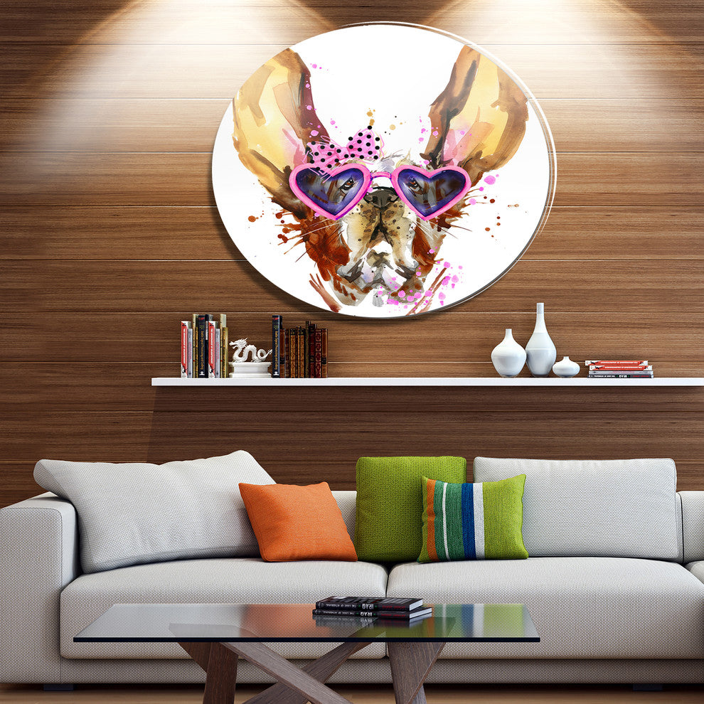 Brown Cute Dog With Heart Glasses, Animal Large Disc Metal Artwork, 36"