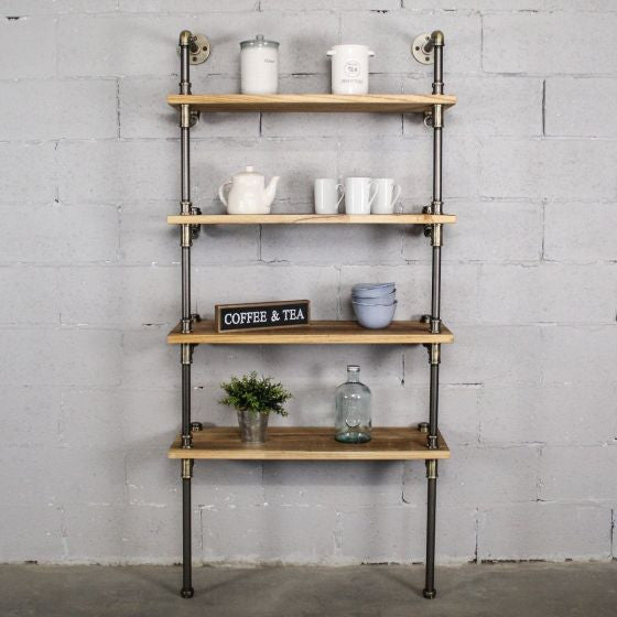 Sacramento Industrial 33" 4-Tier Bookcase, Brushed Brass Gray Steel/Natural Wood