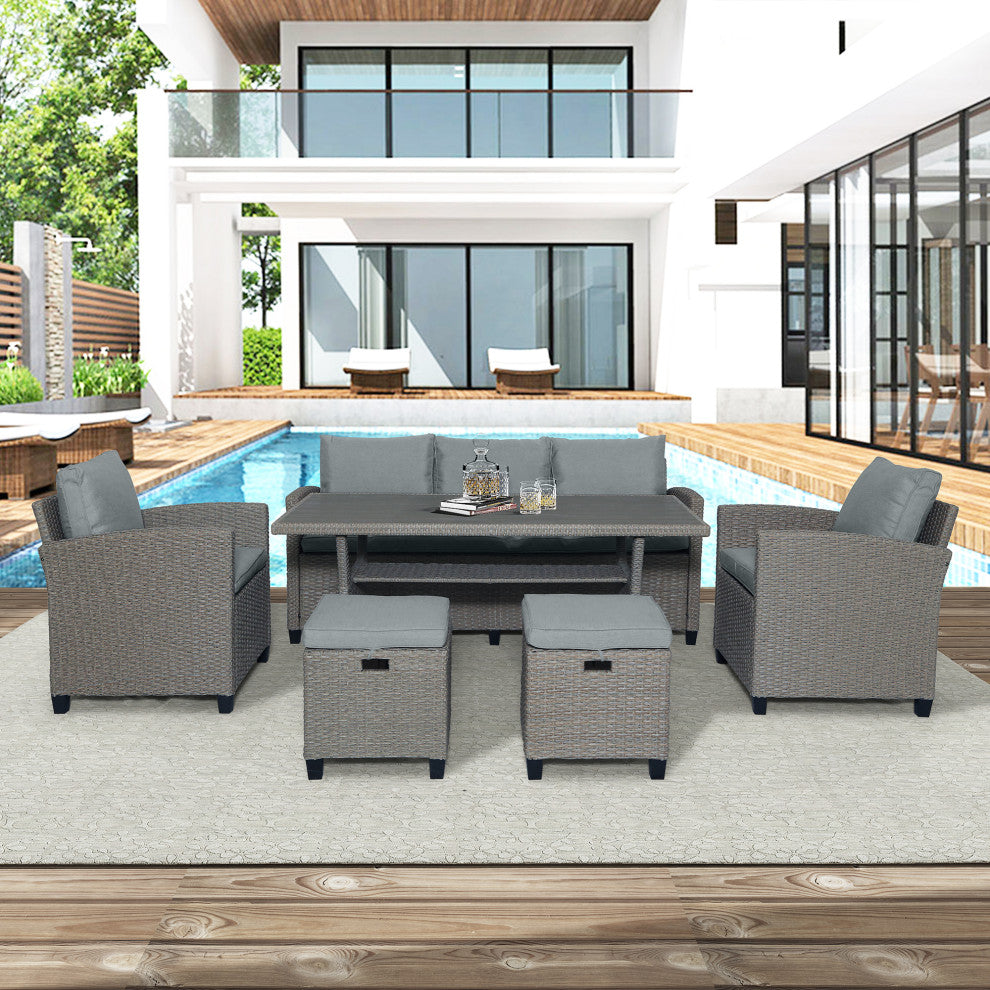 6 Pieces Outdoor Rattan Patio Sectional Sofa Set With Cushions, Gray