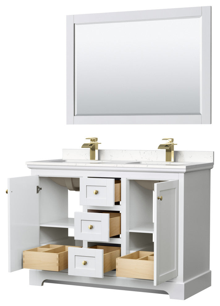 48"DBL Vanity White, Light-Vein Carrara Cult. Top, Sinks, 46"Mirror, Gold Trim