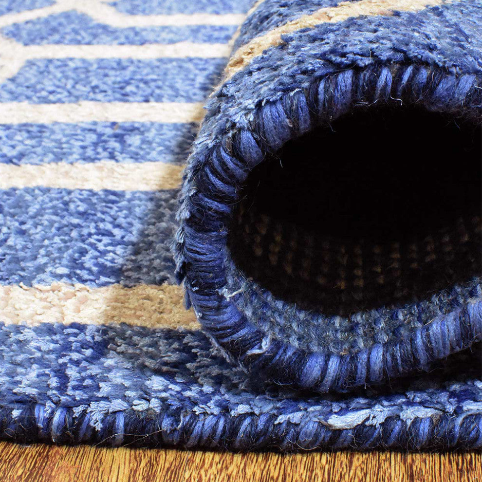 Hand Knotted Wool Area Rug Geometric Blue Beige