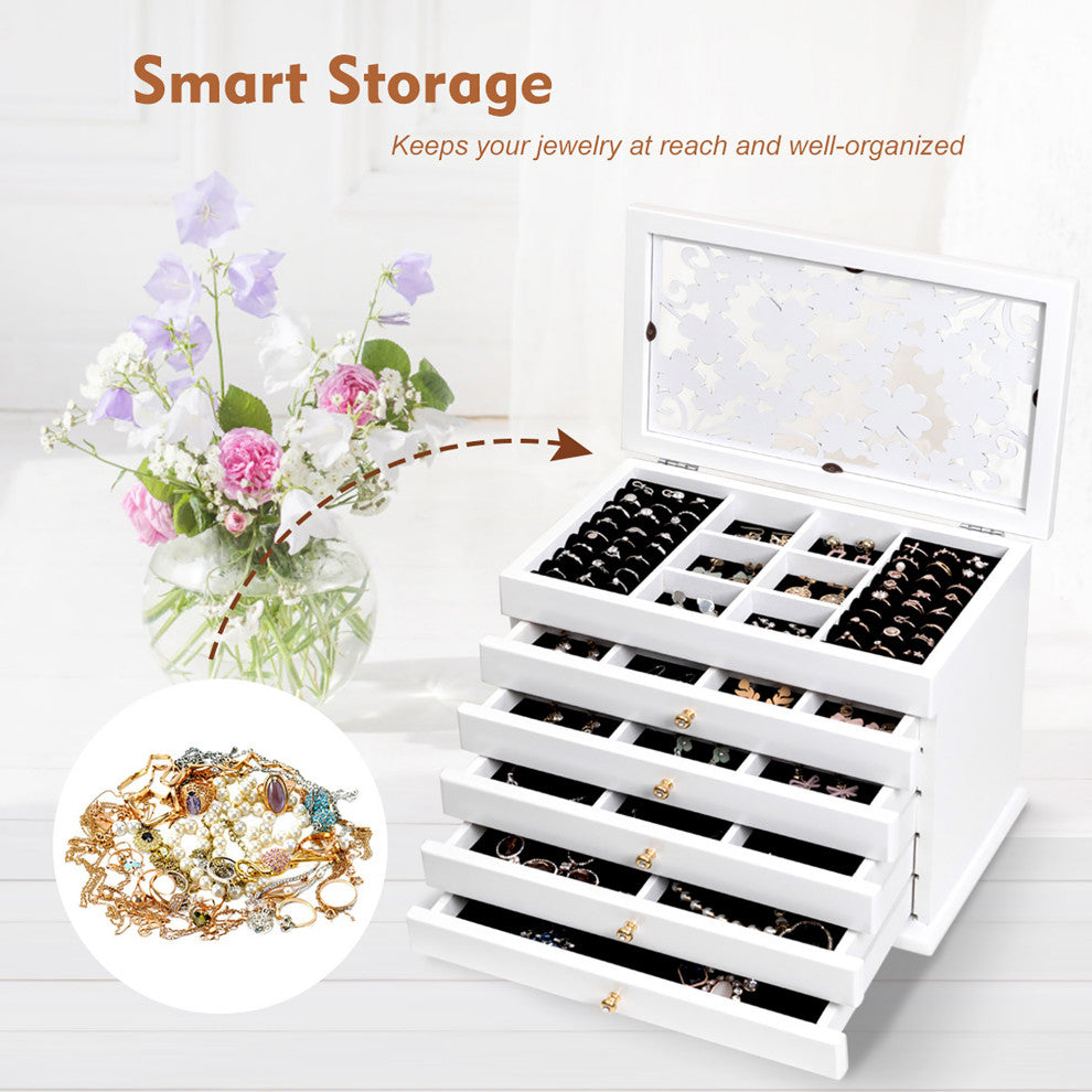 Costway Large Wooden Jewelry Box Cabinet ArmoireCase w/ 5 Drawers & Acrylic Top