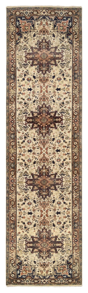 Beige Antiqued Heriz Re-Creation Soft Wool Hand Knotted Runner Rug, 2'7" x 10'3"