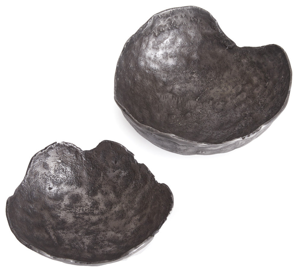 Set of 2 Free Form Dark Gray Decorative Bowls Organic Shape Modern Metal Round