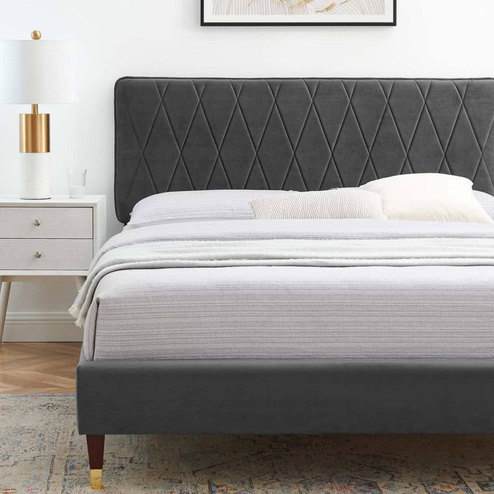 Platform Bed Frame, King Size, Velvet, Dark Gray, Modern Contemporary