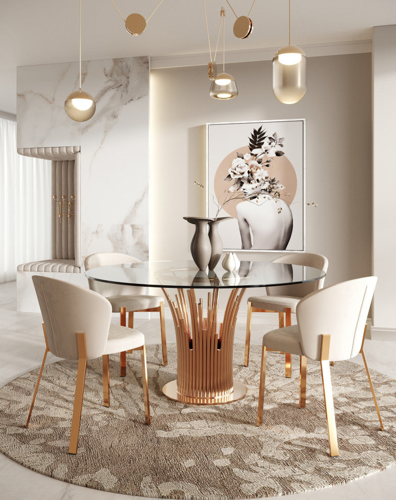 Modrest Paxton Modern Round Glass and Rosegold Dining Table