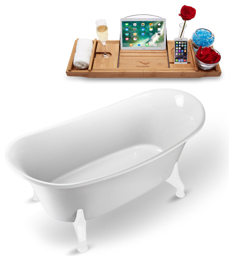 70" White Clawfoot Tub and Tray, White Feet, Chrome Internal Drain