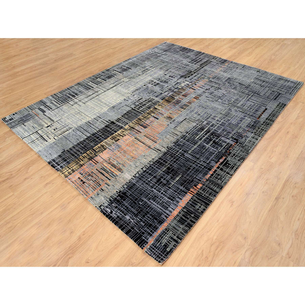 Black and Gray Ghazni Wool and Silk Modern Design Hand Knotted Rug, 8'0"x10'0"