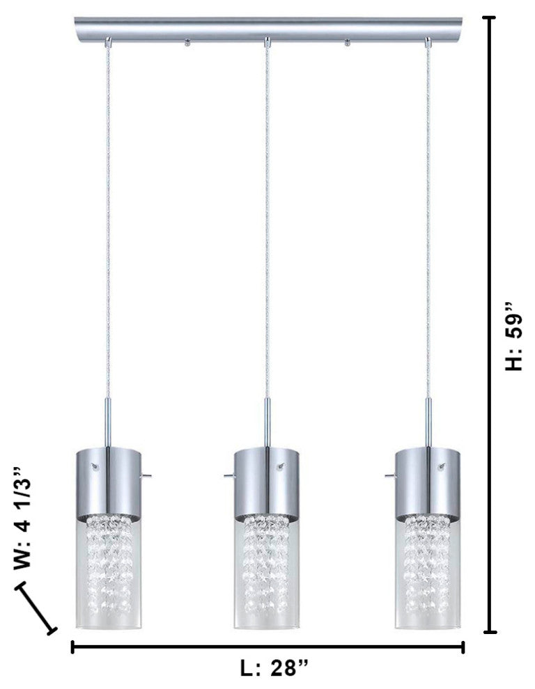 3x60W Multi Light Pendant, Chrome Finish & Clear Glass, Crystal Strands
