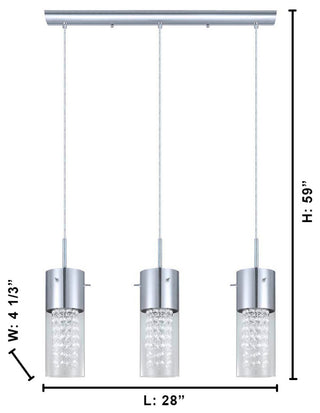 3x60W Multi Light Pendant, Chrome Finish & Clear Glass, Crystal Strands
