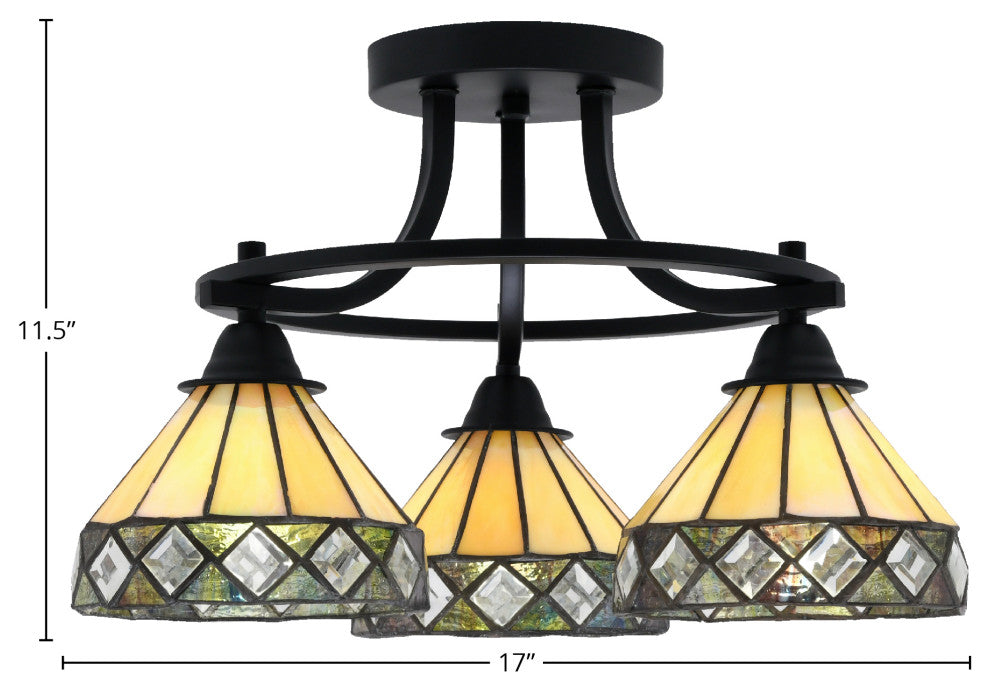 Paramount 3-Light Semi-Flush Light, Matte Black, 7" Diamond Peak Art Glass