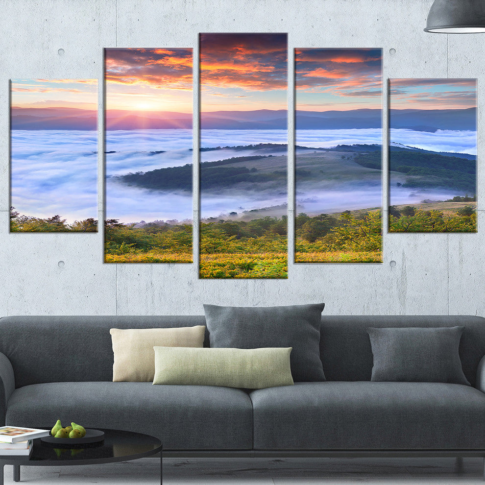 "Colorful Sunrise Over Foggy Waters" Landscape Photo Wall Art, 5 Panels, 60"x32"