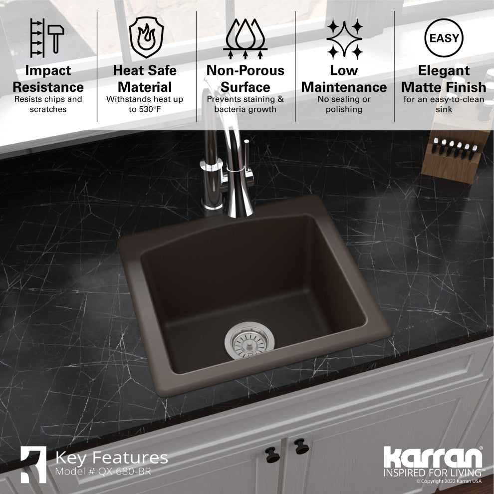 Karran Drop-in or Undermount Quartz 18" Single Bowl Kitchen Sink, Brown