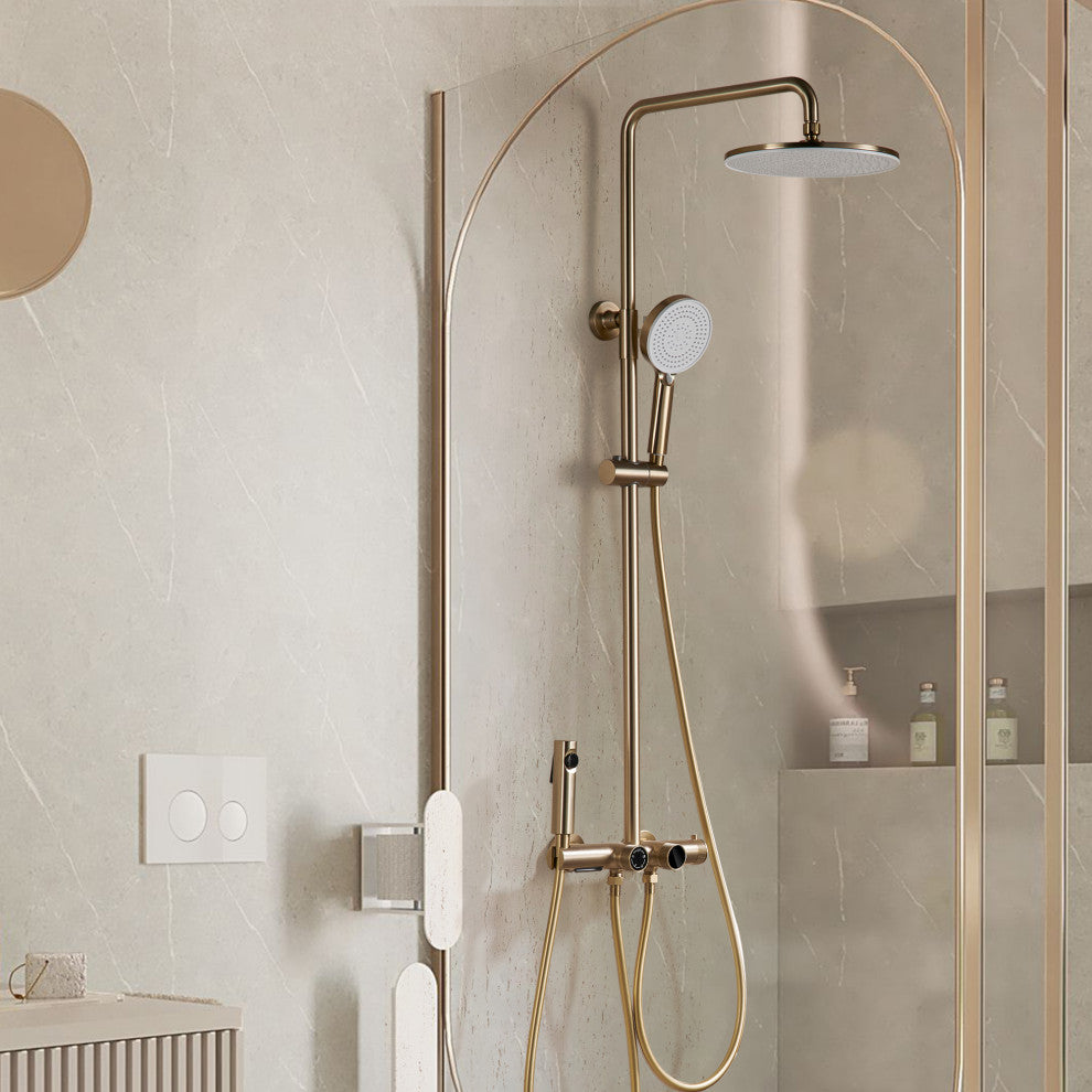 Exposed 4-Function Thermostatic Shower System with Spray Gun and Tub Spout, Brushed Gold