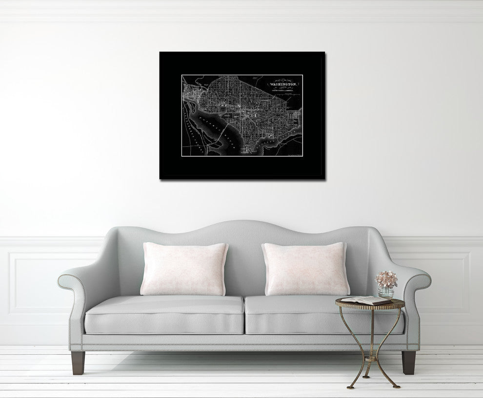Washington DC Monochrome Map Print On Canvas With Black Custom Frame, 28" X 37"