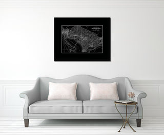 Washington DC Monochrome Map Print On Canvas With Black Custom Frame, 28" X 37"