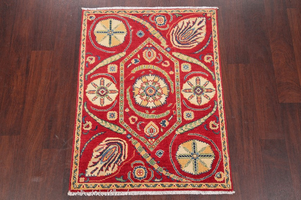 Traditional Wool Hand-Knotted Oriental Pakistani Kazak Area Rug, Red, 3'6"X2'8"