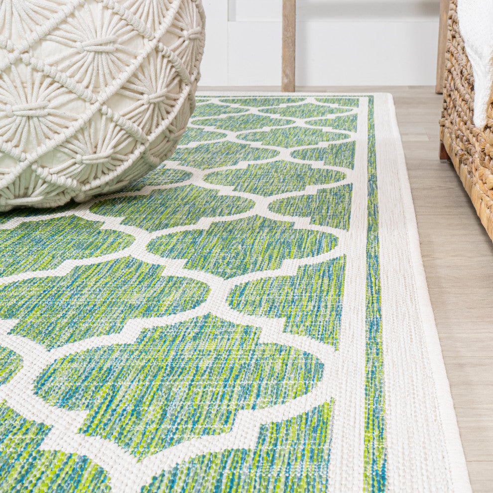 Trebol Moroccan Trellis Textured Weave Indoor/Outdoor, Cream/Green, 2 X 8