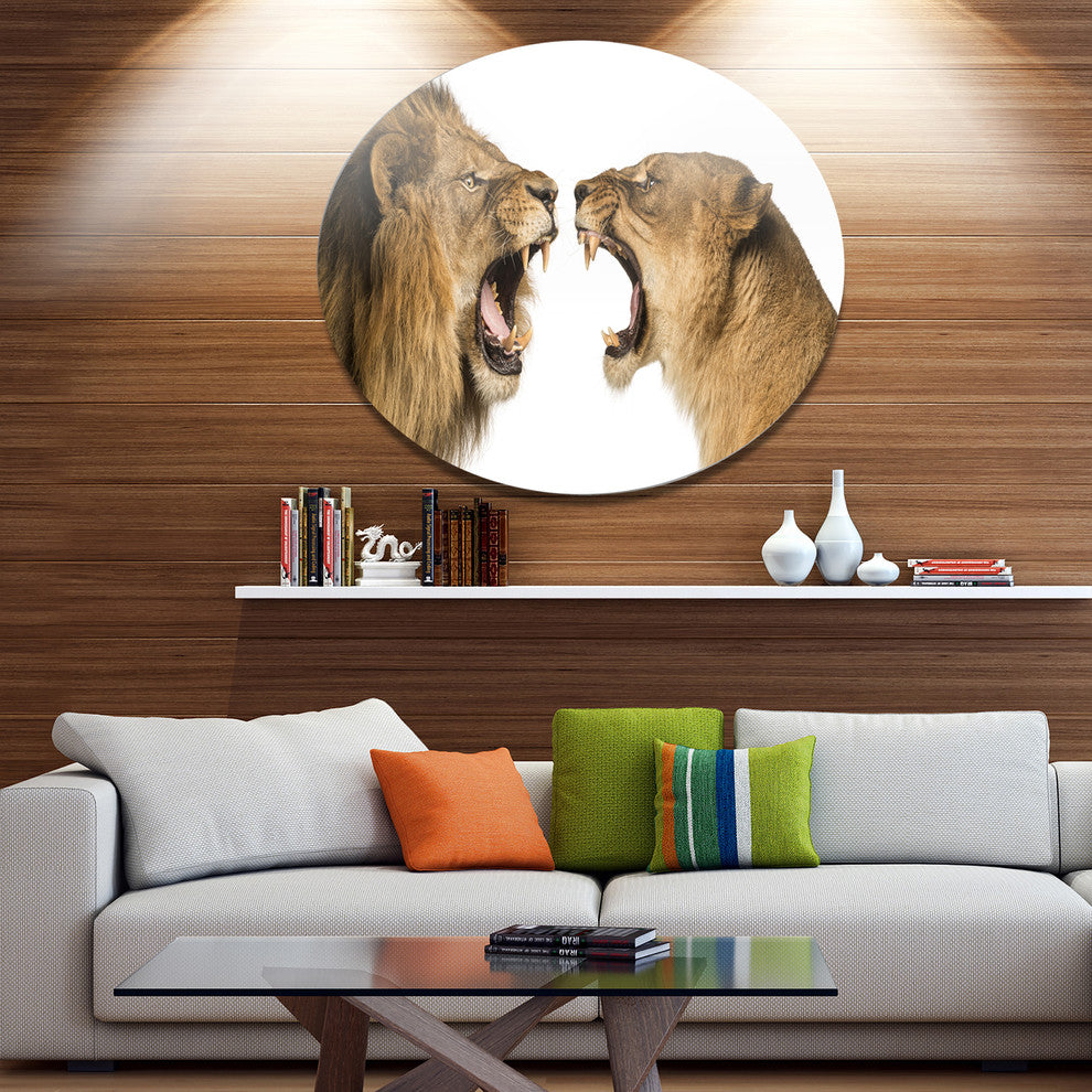 Lion And Lioness Roaring, Animal Disc Metal Wall Art, 23"